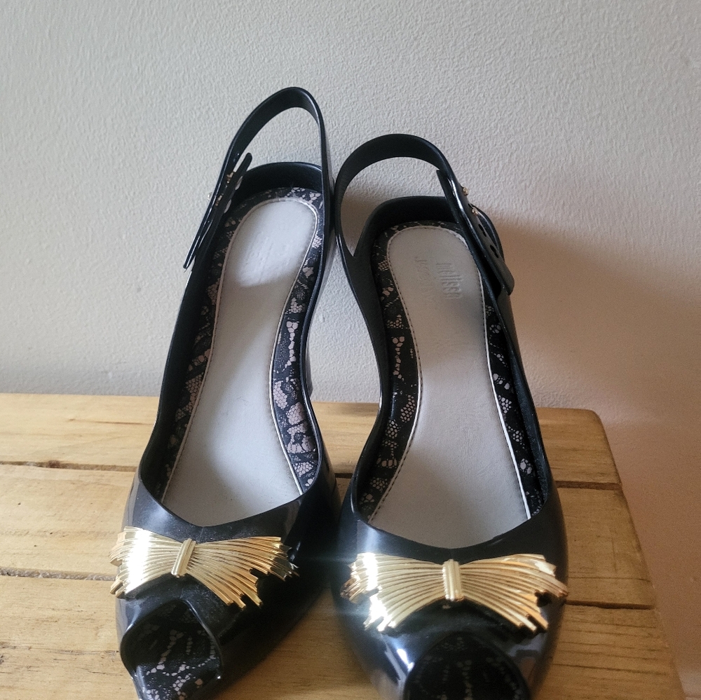 Melissa X Jason Wu Black and Gold Heels with Glossy Finish